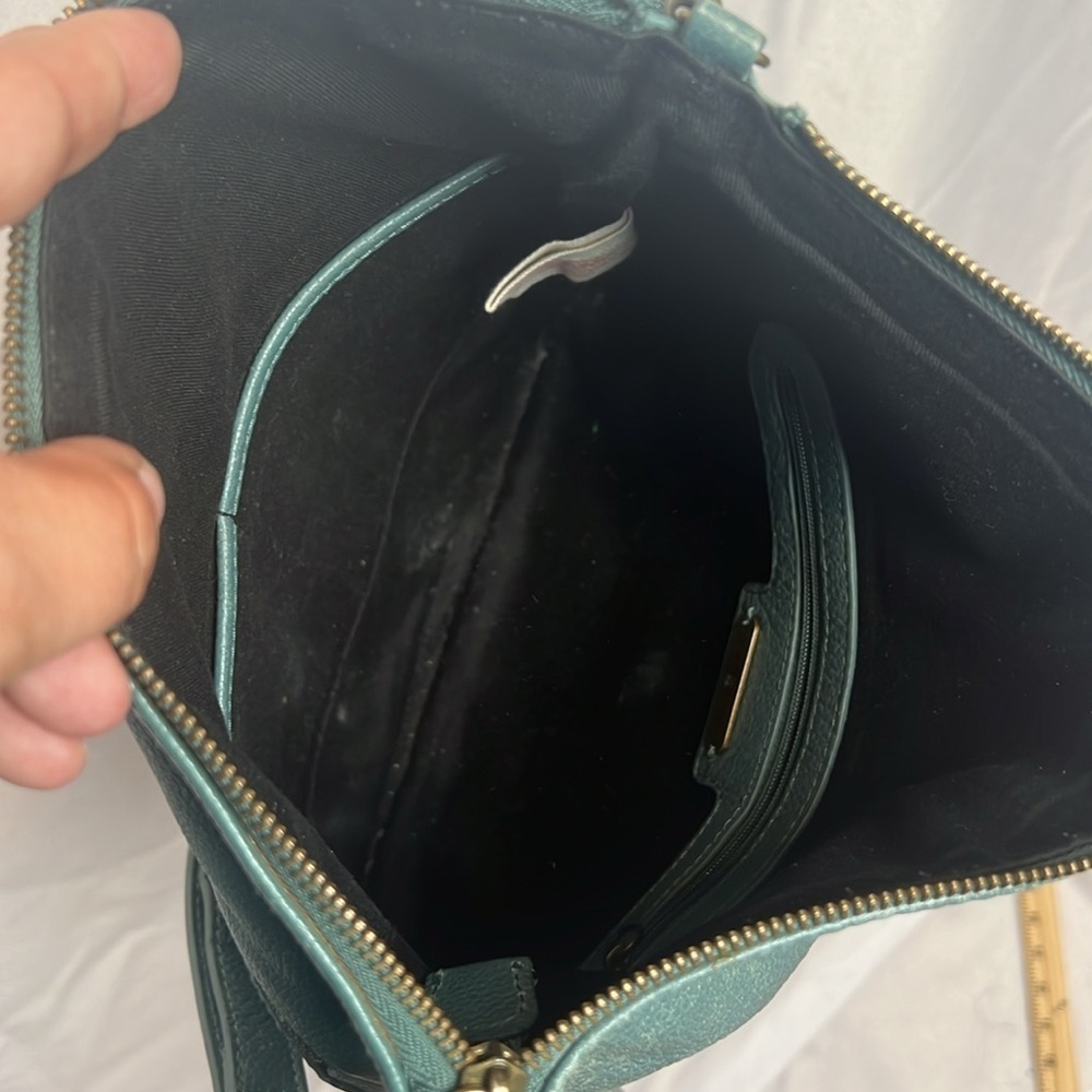 Lucky Brand Teal Leather Foldover Crossbody Hobo Bag Boho Fringe Distressed - Picture 13 of 15